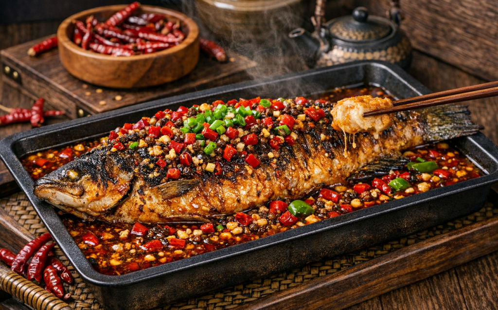 使用明特烤鱼酱制作的烤鱼展示图